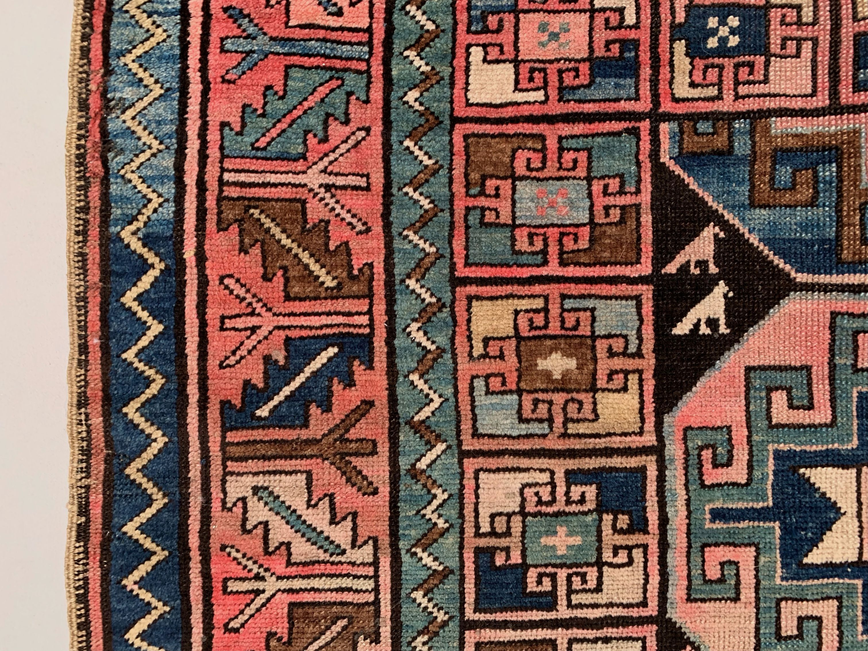 Old Turkish Kazak Rug 226x135 cm vintage tribal carpet, Red and Blue Large