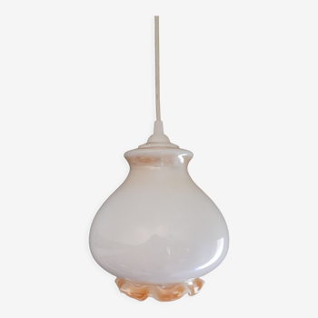 White and orange ruffled opaline glass suspension, seventies