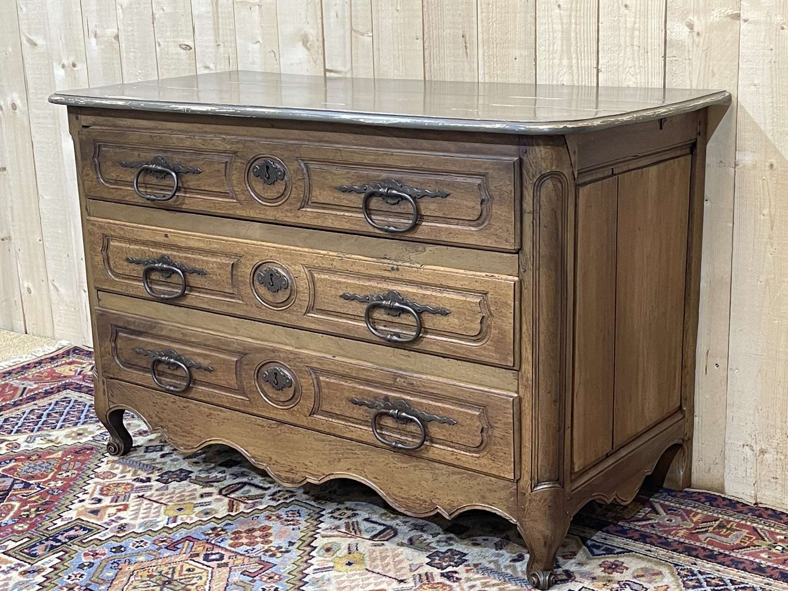 Louis XV eighteenth-century period chest of drawers in walnut painted in patinated gray