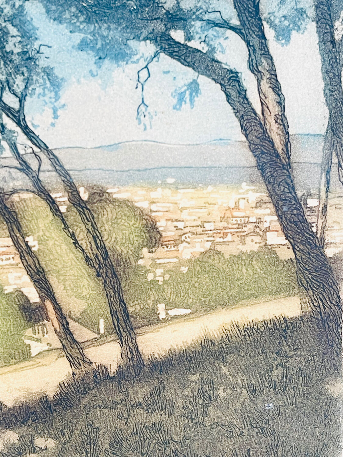Old colour-enhanced etching – Mediterranean view from