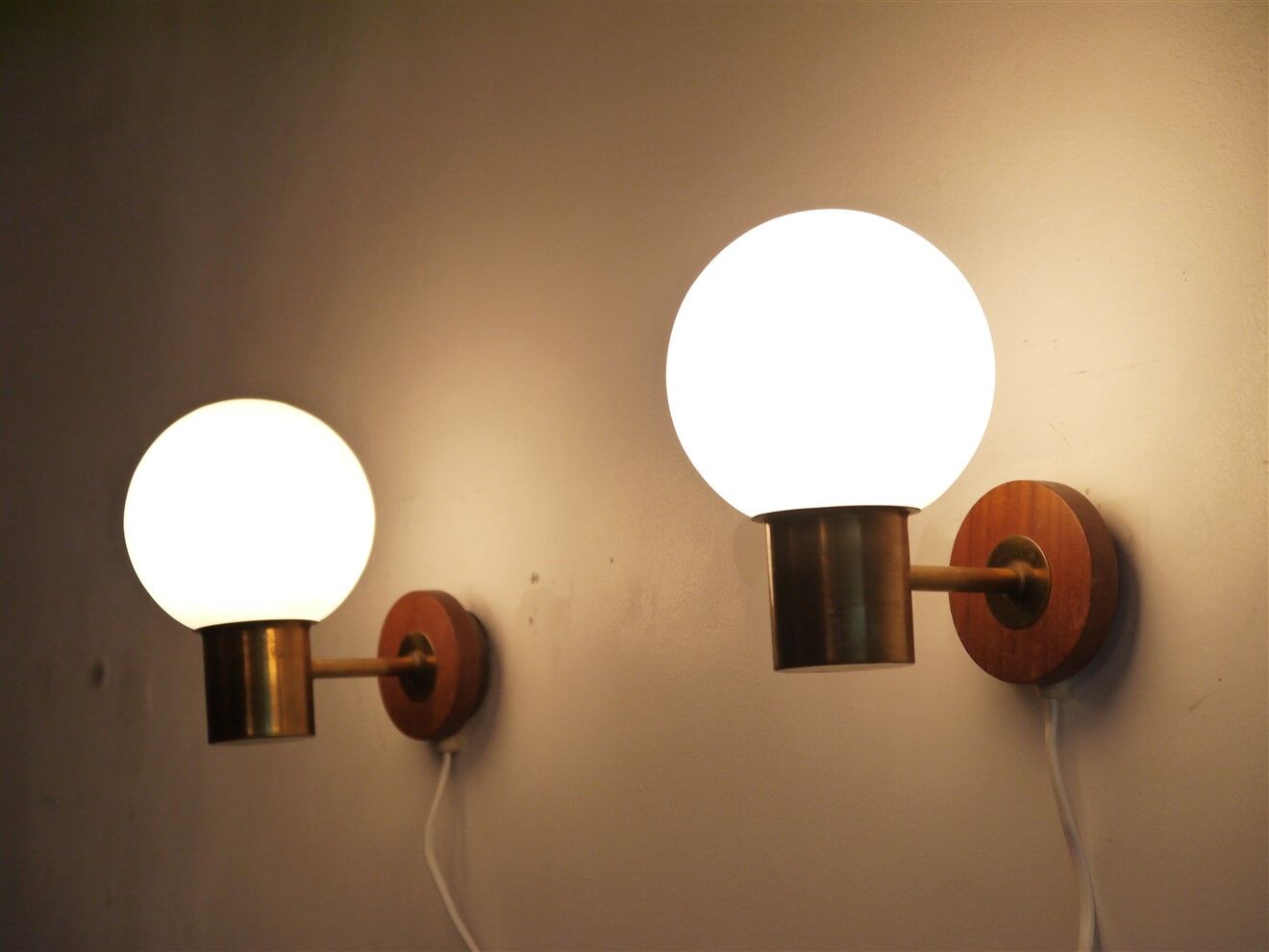 Pair of danish vintage teak and opaline wall lamps 1960