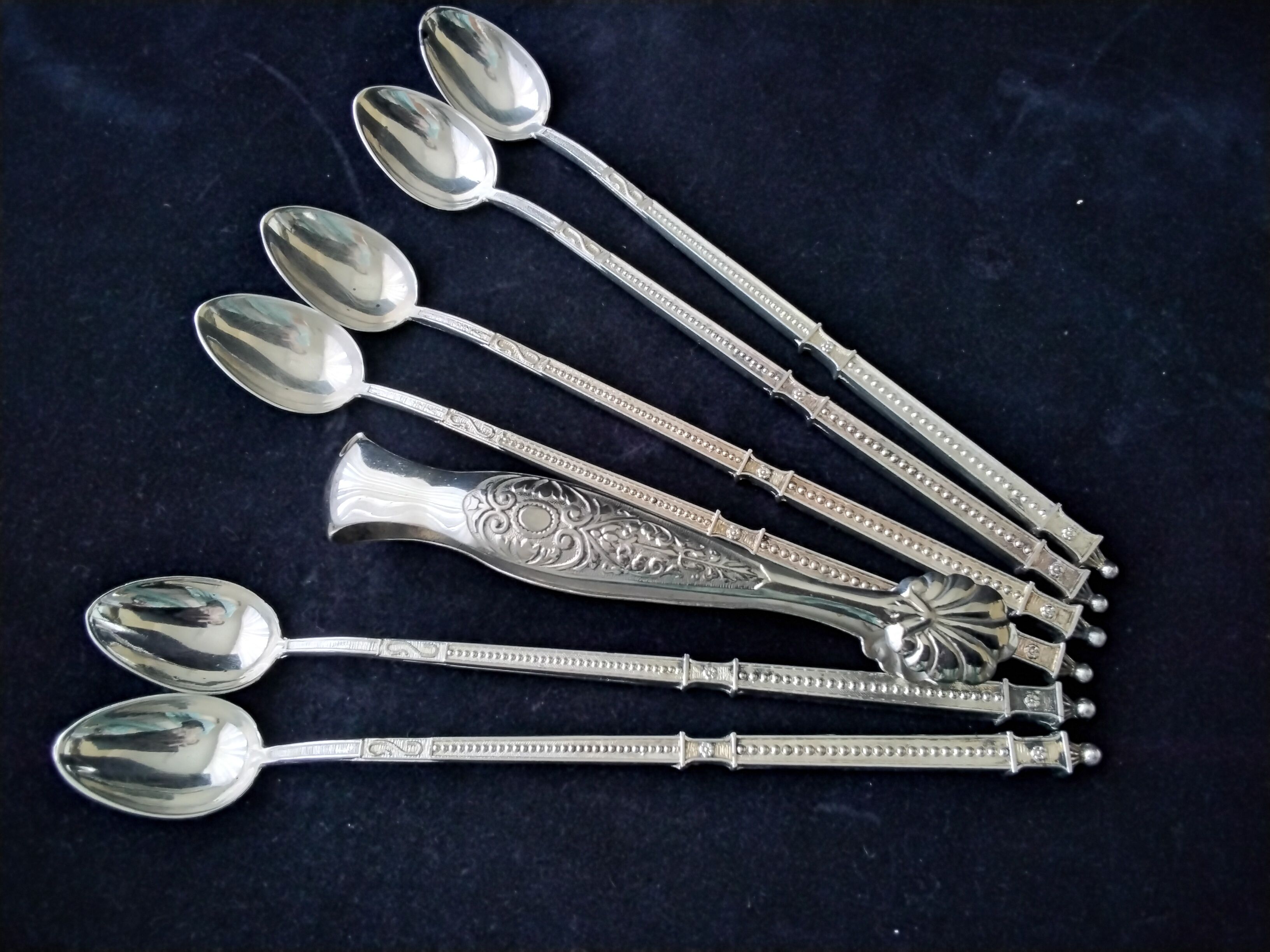 Set of 6 mazagran spoons and stainless steel sugar tongs