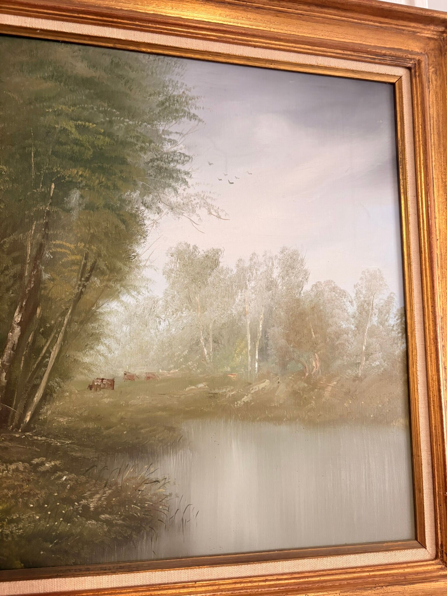 Old Oil Painting Canvas Pastoral Landscape Cow Gérard Roux