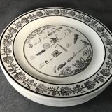 Lot of 6 plates in fine earthenware from choisy-le-roi, p&h, rebus décor; xixth