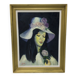 Huile sur toile encadrée, femme au chapeau, S.foulon