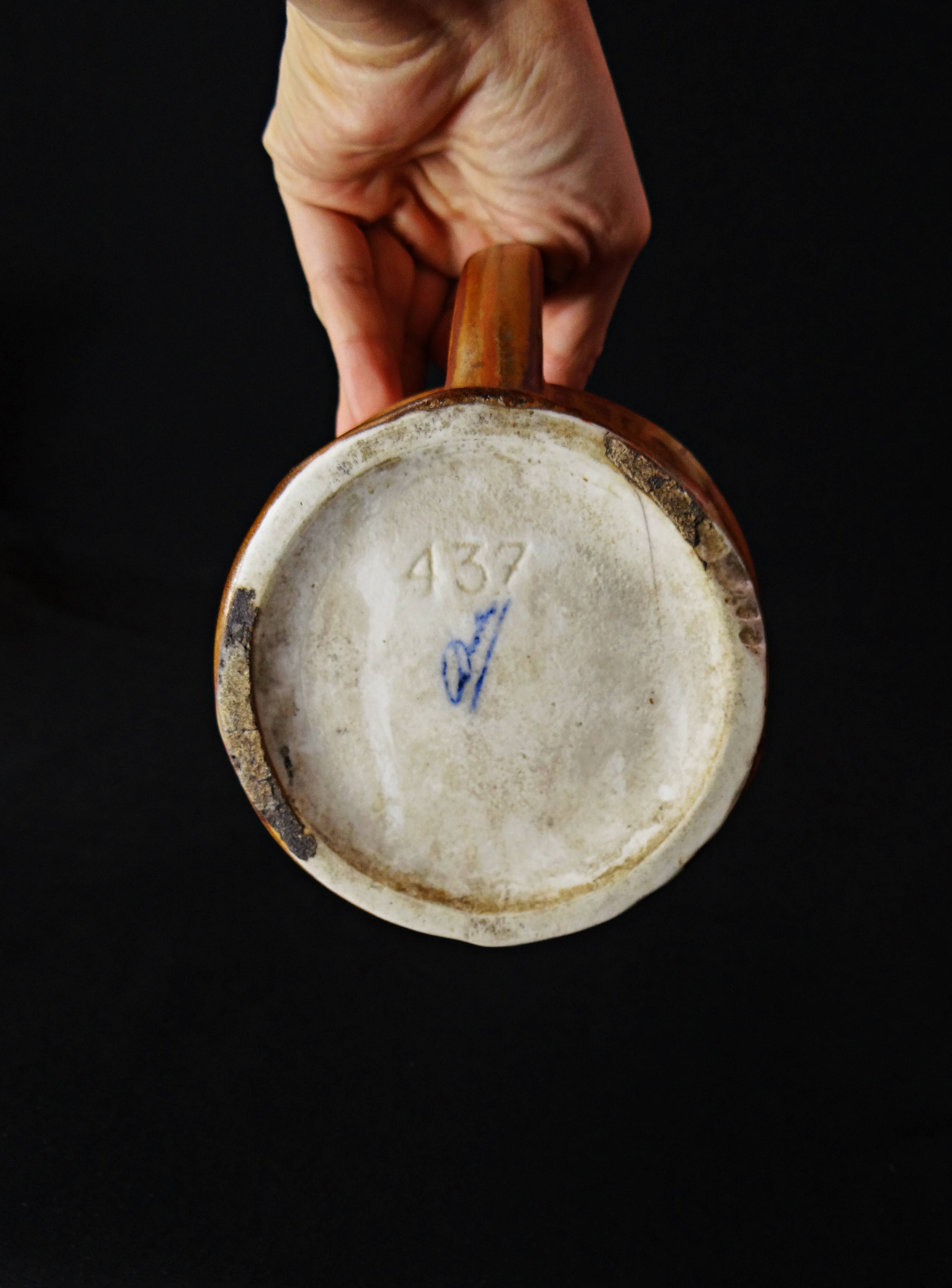 Antique pitcher jug signed Denbac n°437 in flamed stoneware, Art Deco period