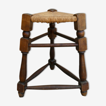 Tabouret tripode et assise paillée, années 60