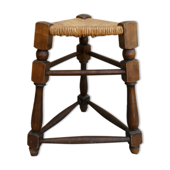 Tabouret tripode et assise paillée, années 60