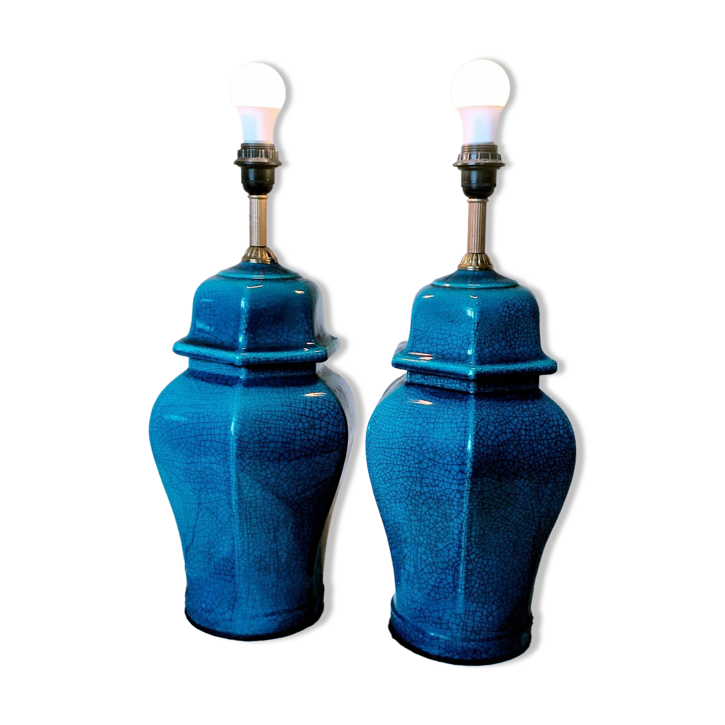 2 blue crackle ceramic desk lamp bases, 1950s