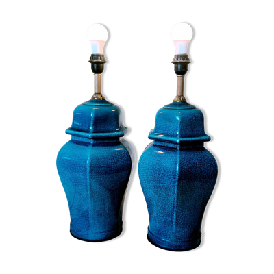 2 pieds de lampe de bureau en céramique craquelée bleue, années 1950