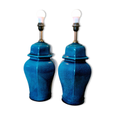 2 blue crackle ceramic desk lamp bases, 1950s