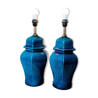 2 blue crackle ceramic desk lamp bases, 1950s