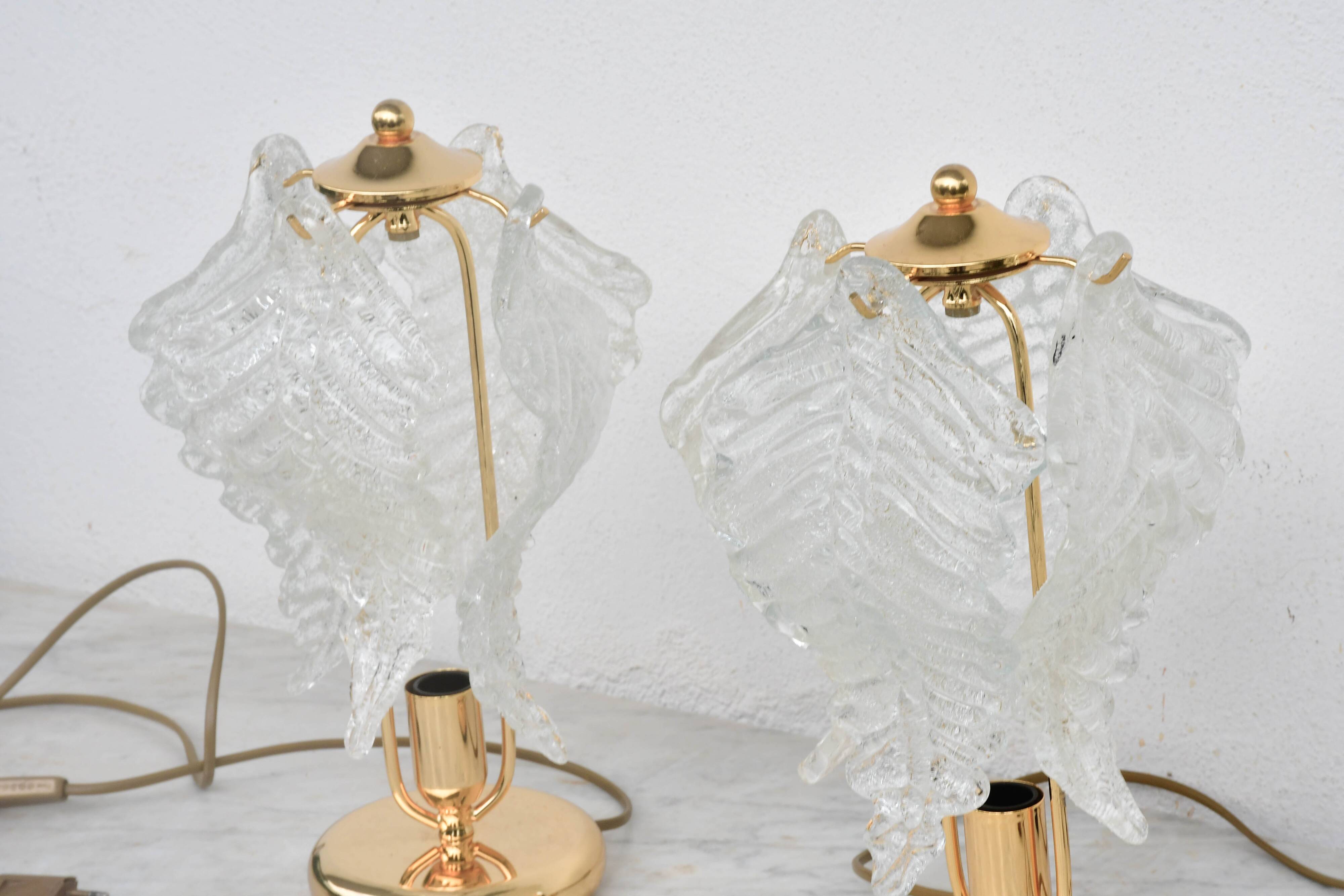 Set of 2 Murano glass table lamps transparent leaves