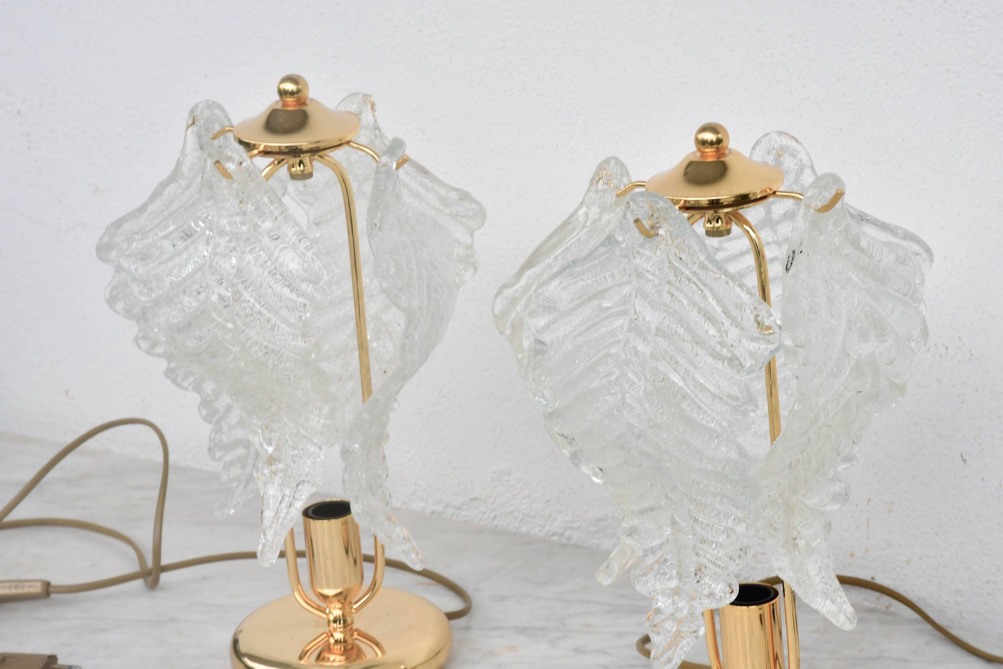Set of 2 Murano glass table lamps transparent leaves