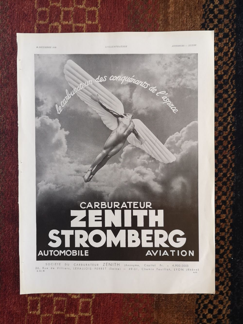 Affiche publicitaire pneus carburateur zenith stromberg - impression originale de 1938