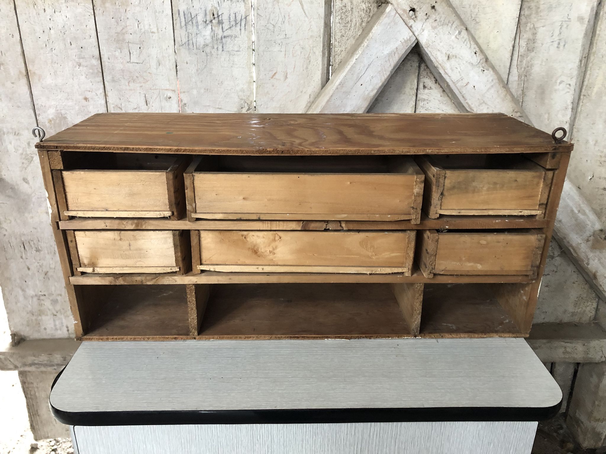 Old Furniture Workshop Hanging 3 Lockers + 6 Drawers Vintage Wood