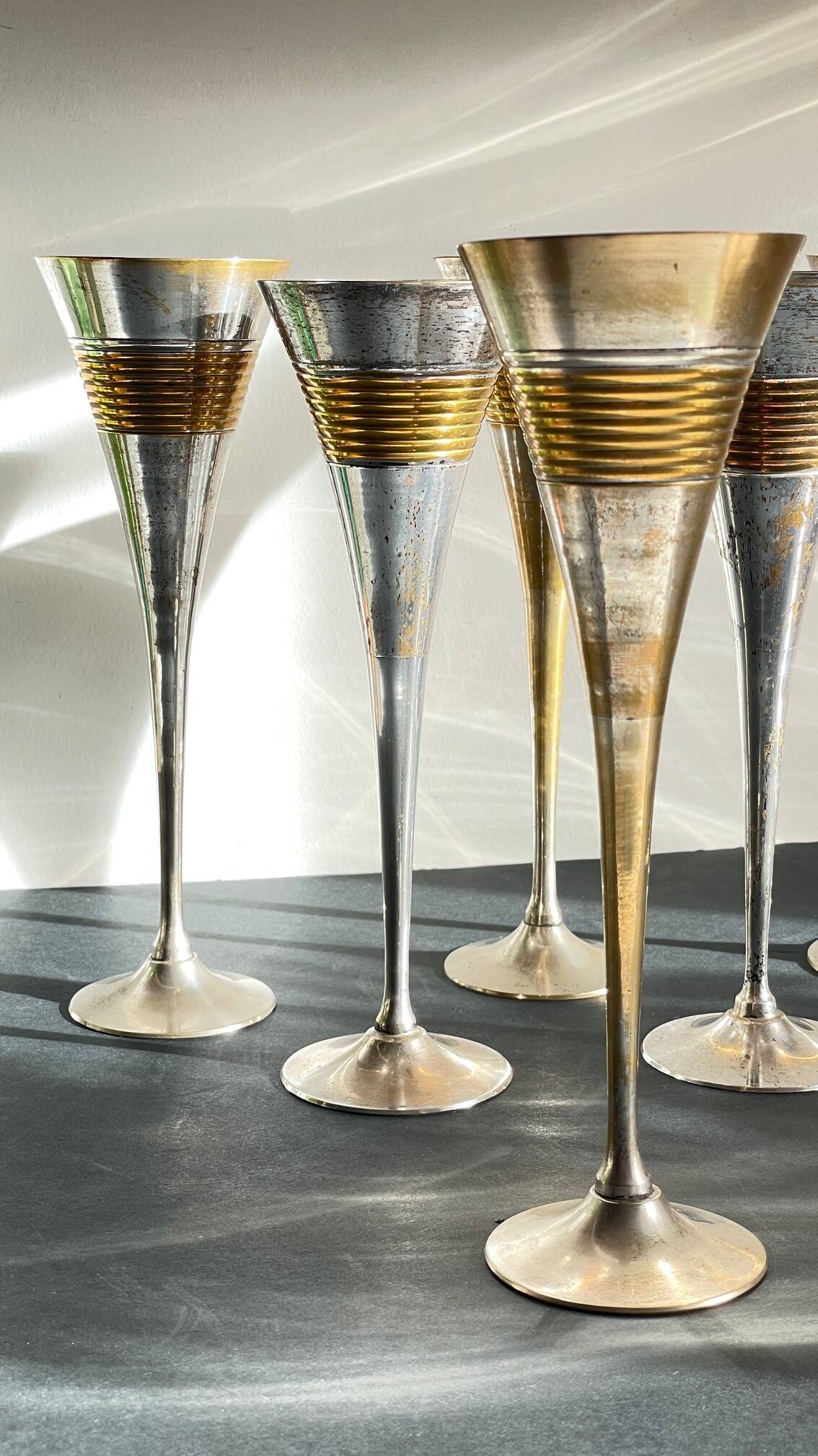 6 Vintage Silver-Plated Brass Champagne Flutes