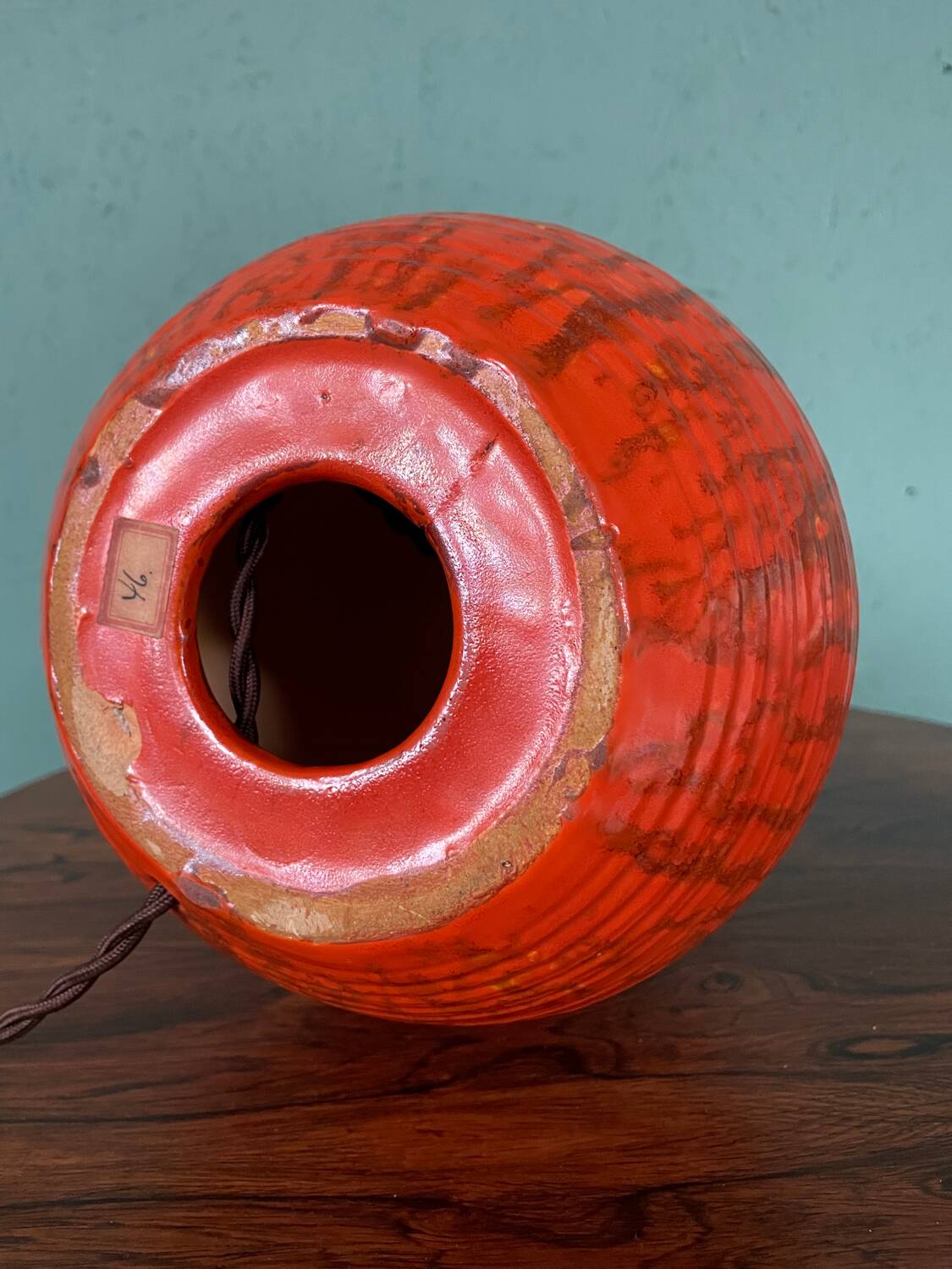 Art Deco HAK Herman Kähler Pottery Lamp, c.1930s Orange Globe with Brass Details