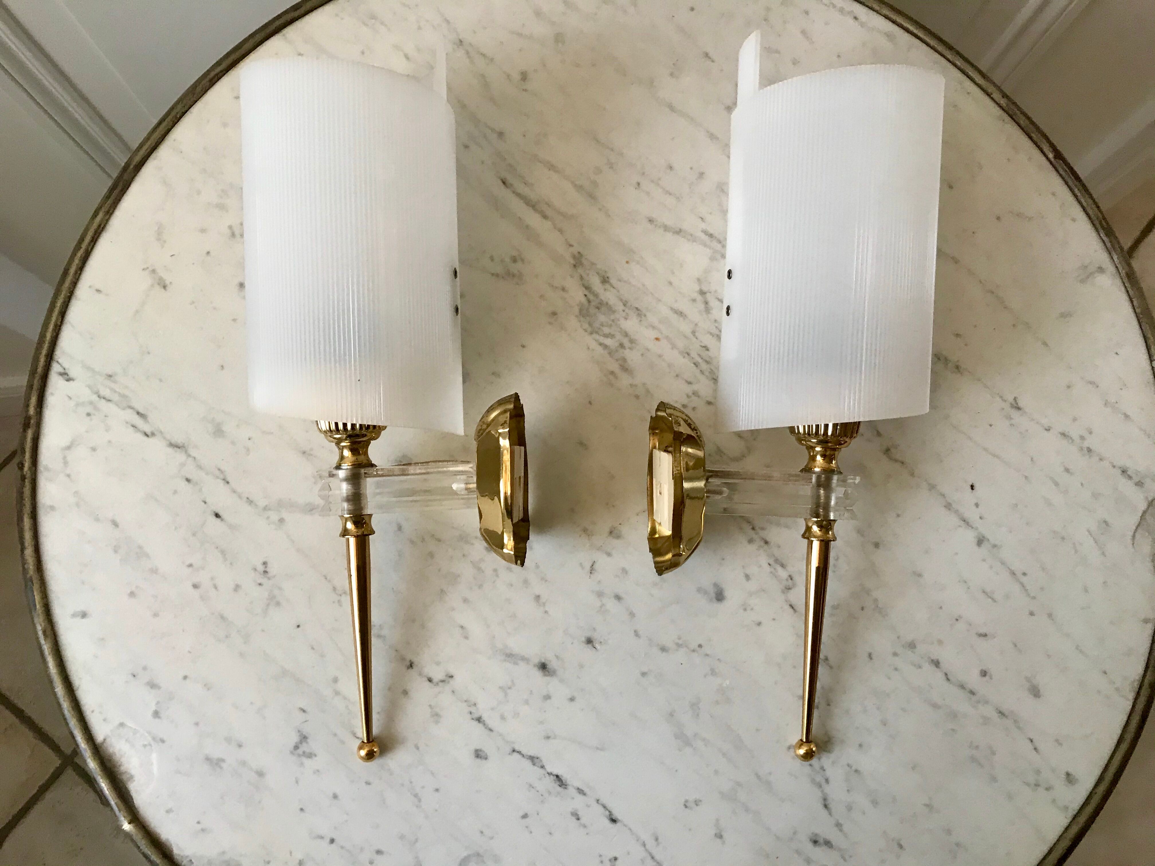 Pair of gold steel wall lamps, plexi and pleated plastic shades 60s-70s