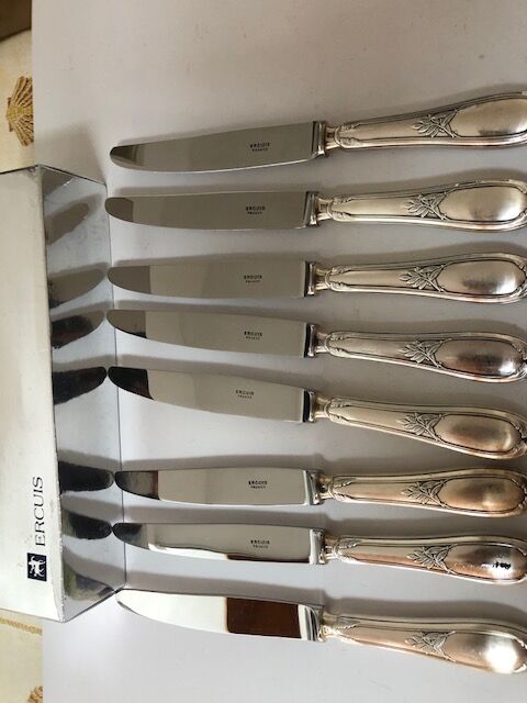 8 silver metal table knives Ercuis Lauriers