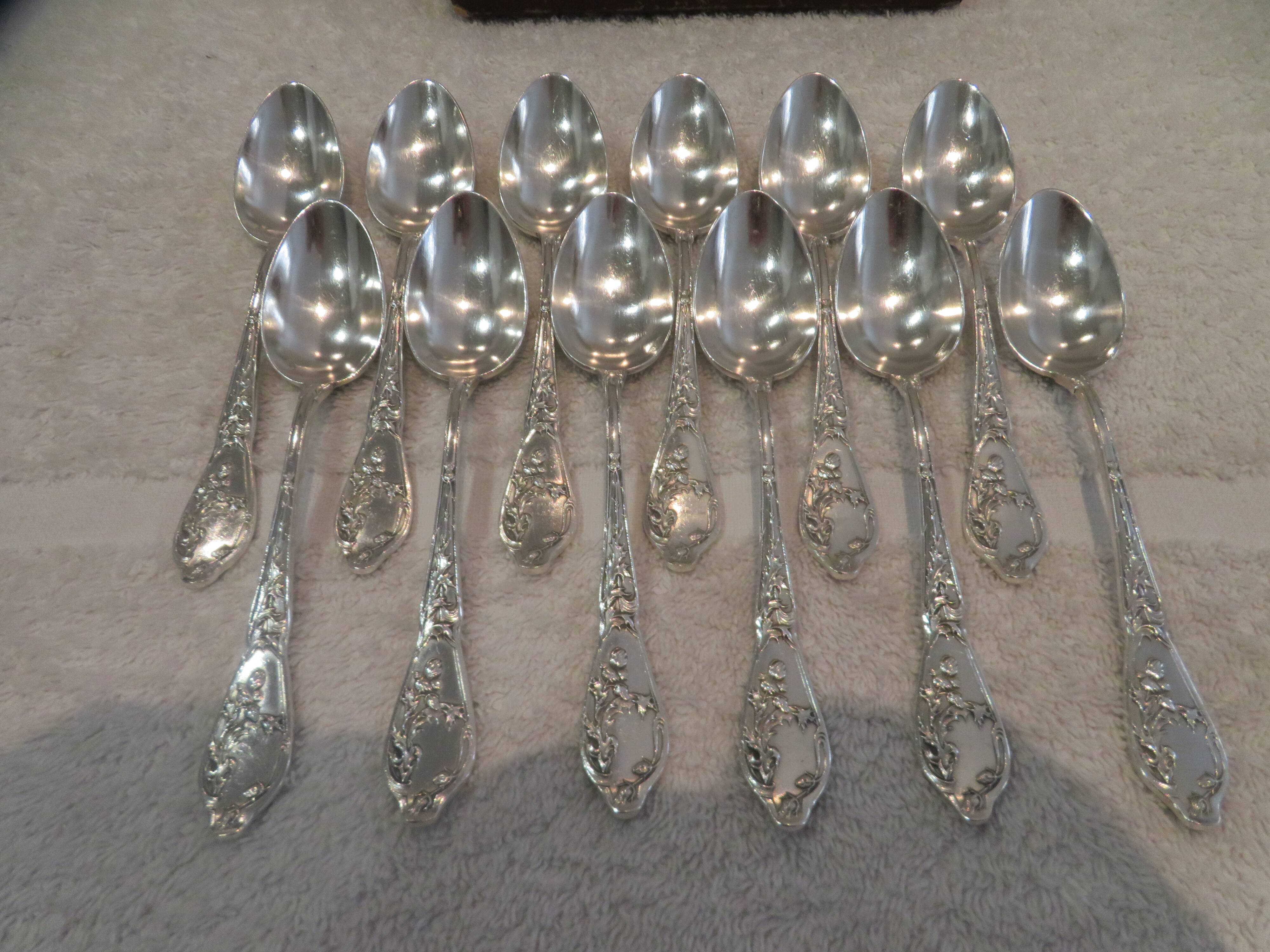 12 silver-plated coffee spoons by Boulenger, Art Nouveau thistles