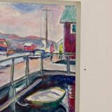 Swedish Mid-Century Oil On Canvas Painting "Harbour" by Lasse Wagner