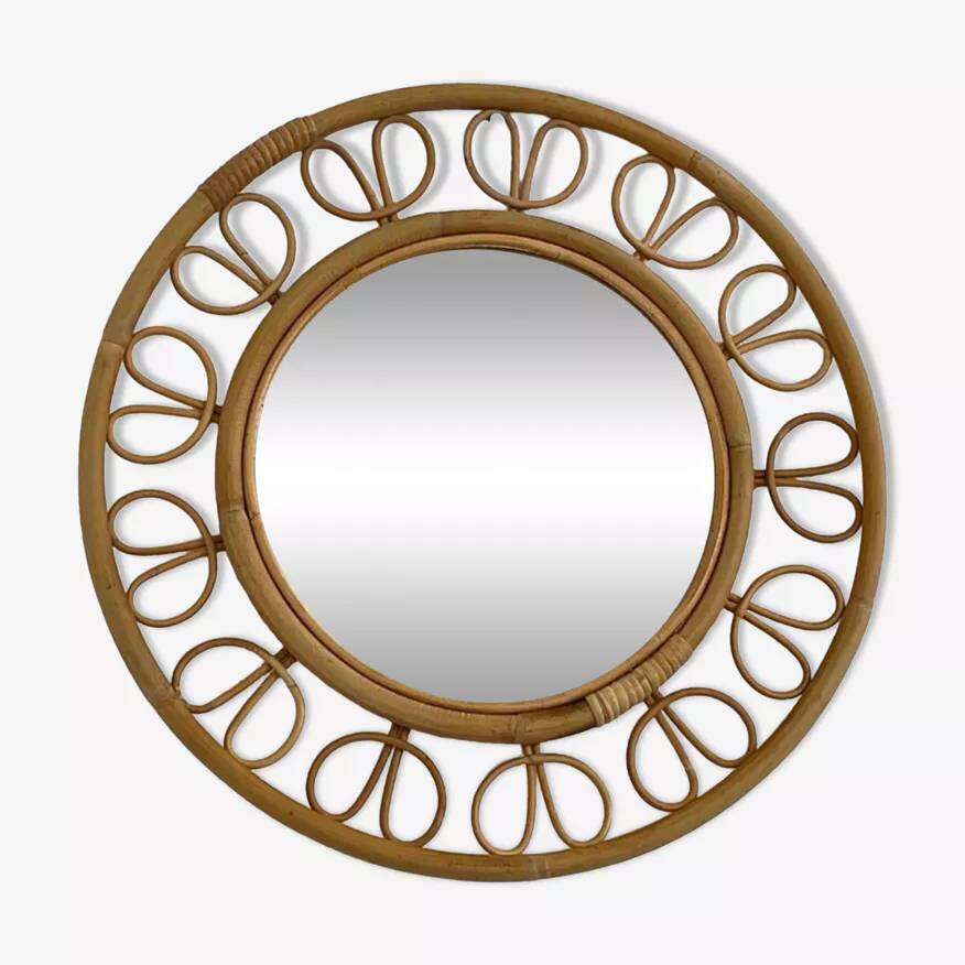 1950s round mirror in bamboo and rattan