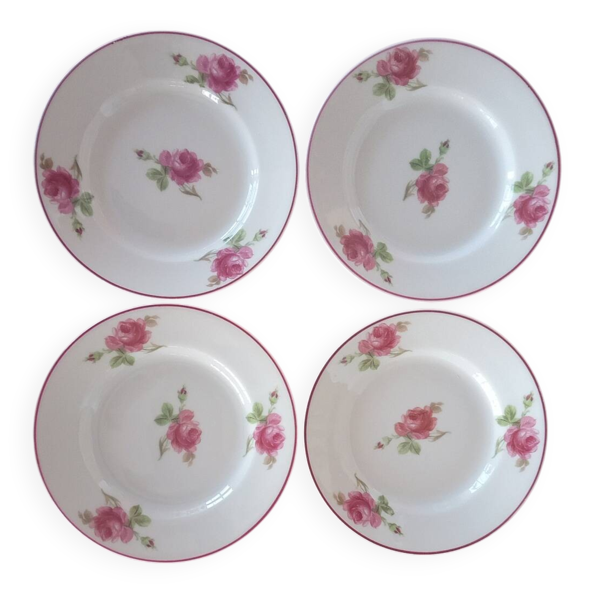 Vintage Vista Alegre 4 Dessert Porcelain Plates Hand Painted with Pink Rose