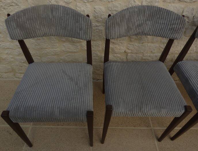 5 chaises de style scandinave en bois massif et velours gris, années 60