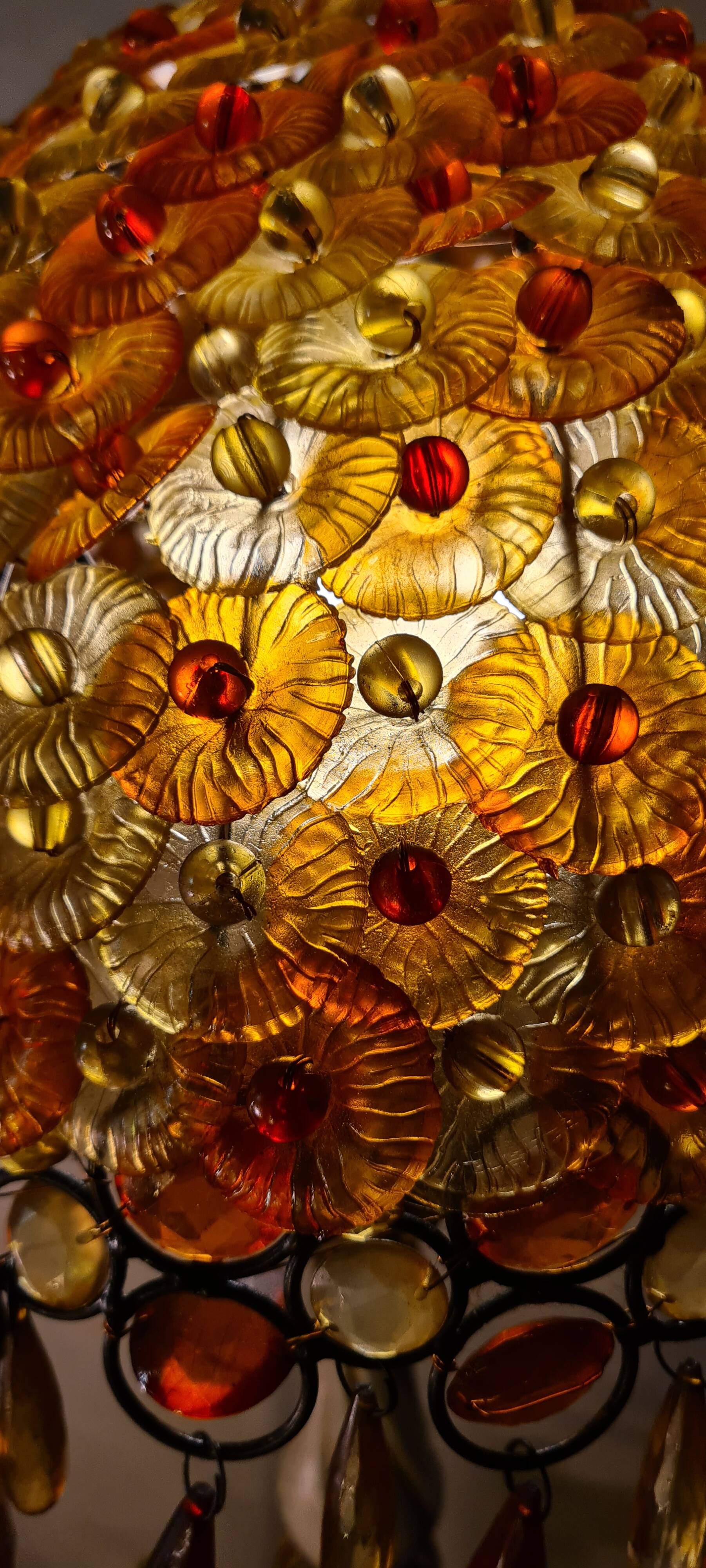 1970 lamp, patinated painted wood, and amber acrylic lampshade 70x28 elec ok;