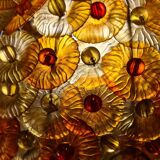 1970 lamp, patinated painted wood, and amber acrylic lampshade 70x28 elec ok;