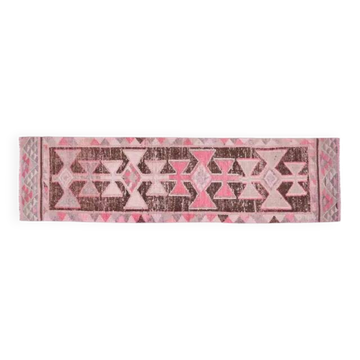Tapis de couloir Oushak turc vintage en laine rose fait main