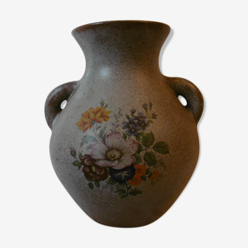 Vase en grès des années 60 décor fleurs