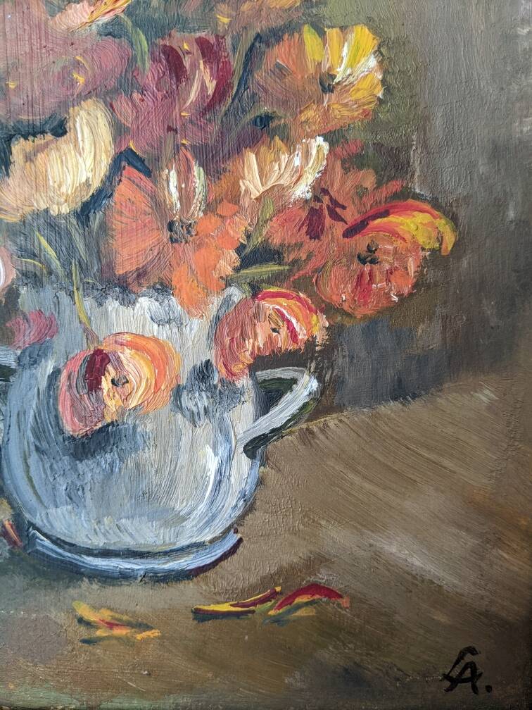 Acrylic painting on cardboard still life bohemian countryside decoration