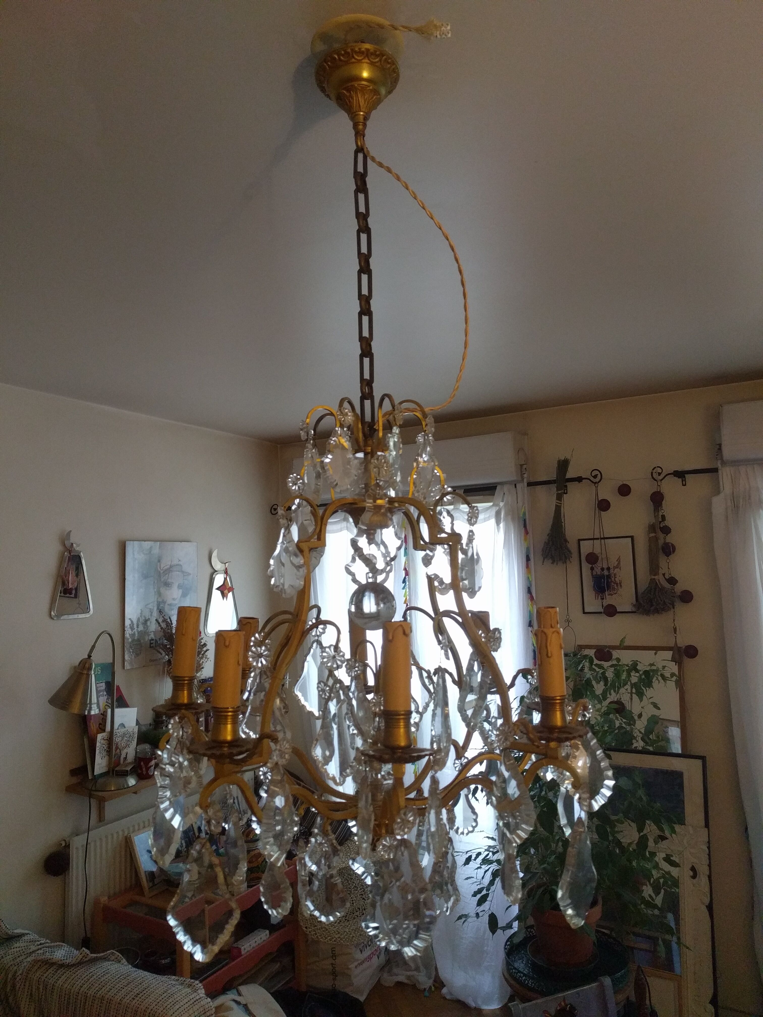 Old chandelier 8 branches bronze and Bohemian crystal late nineteenth