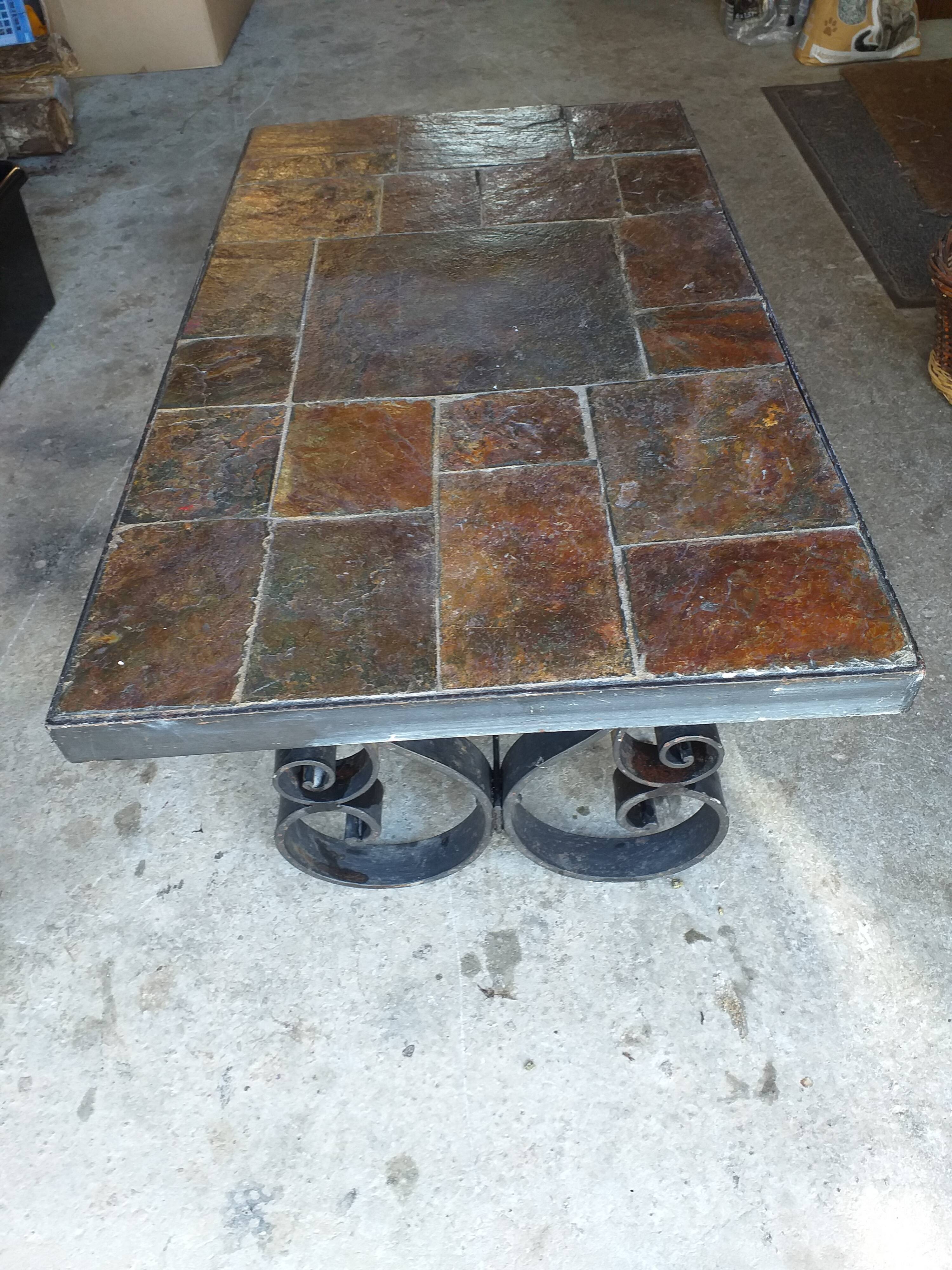 Slate and wrought iron coffee table