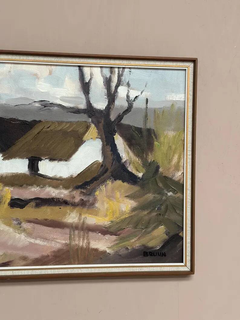 Original Swedish Oil on Canvas – "Farm" by Jörgen Bruun – Signed – Vintage and Framed – 41 × 31 cm (16.1" × 12.2")
