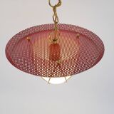 Suspension in perforated red lacquered metal, brass and opaline in the style of Mathieu Matégot
