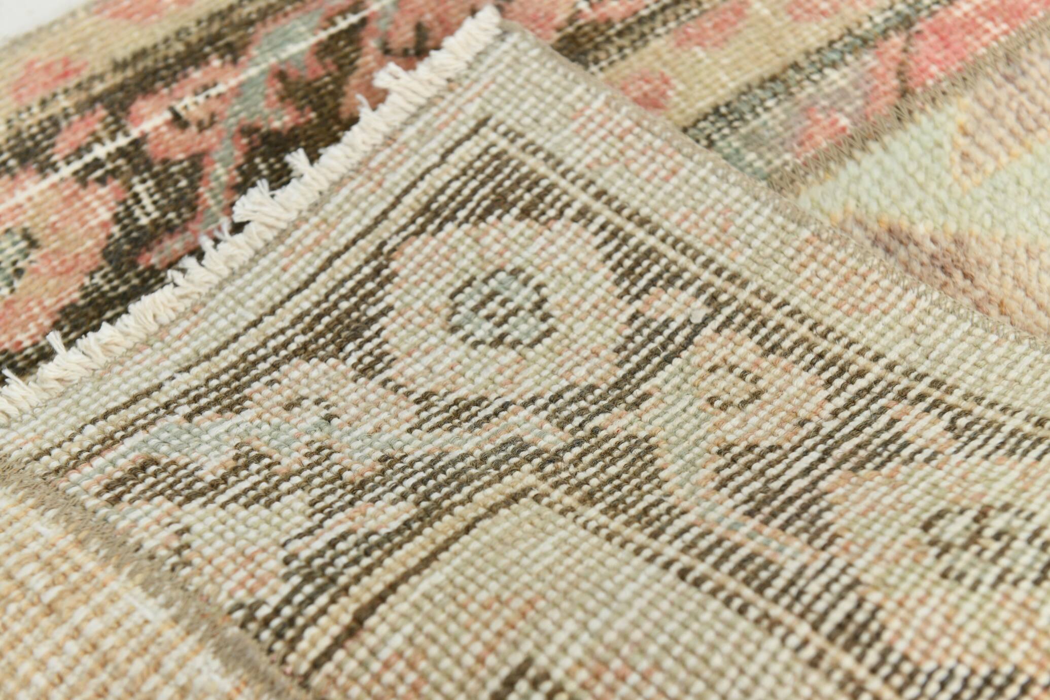 2x11 Dark Green & Beige Turkish Runner Rug, 55x338Cm