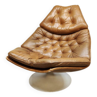 Fauteuil pivotant Artifort vintage en cuir camel de conception hollandaise Geoffrey Harcourt