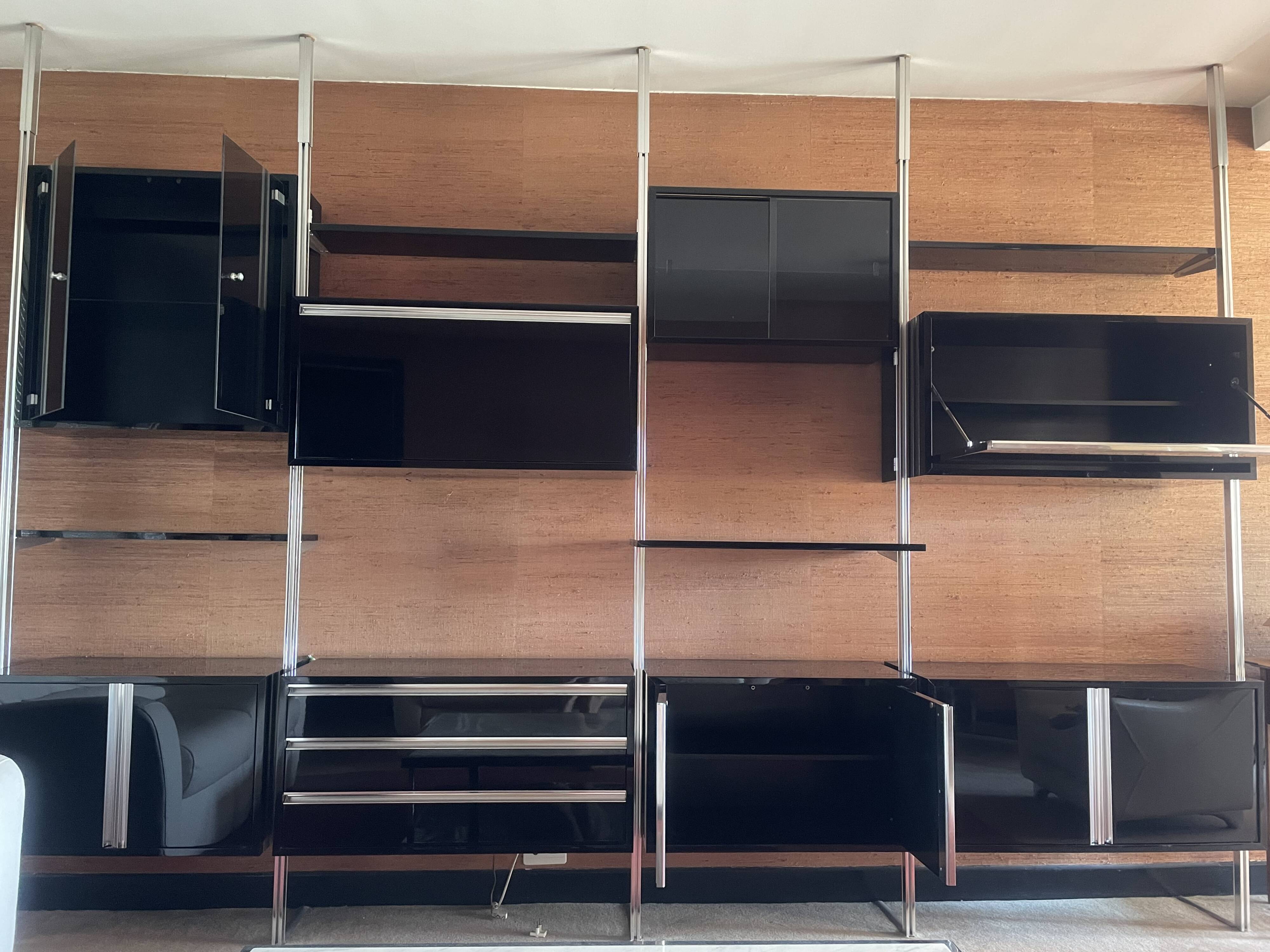 Large modular wall system Roche Bobois from the 70s – wood, black lacquered and