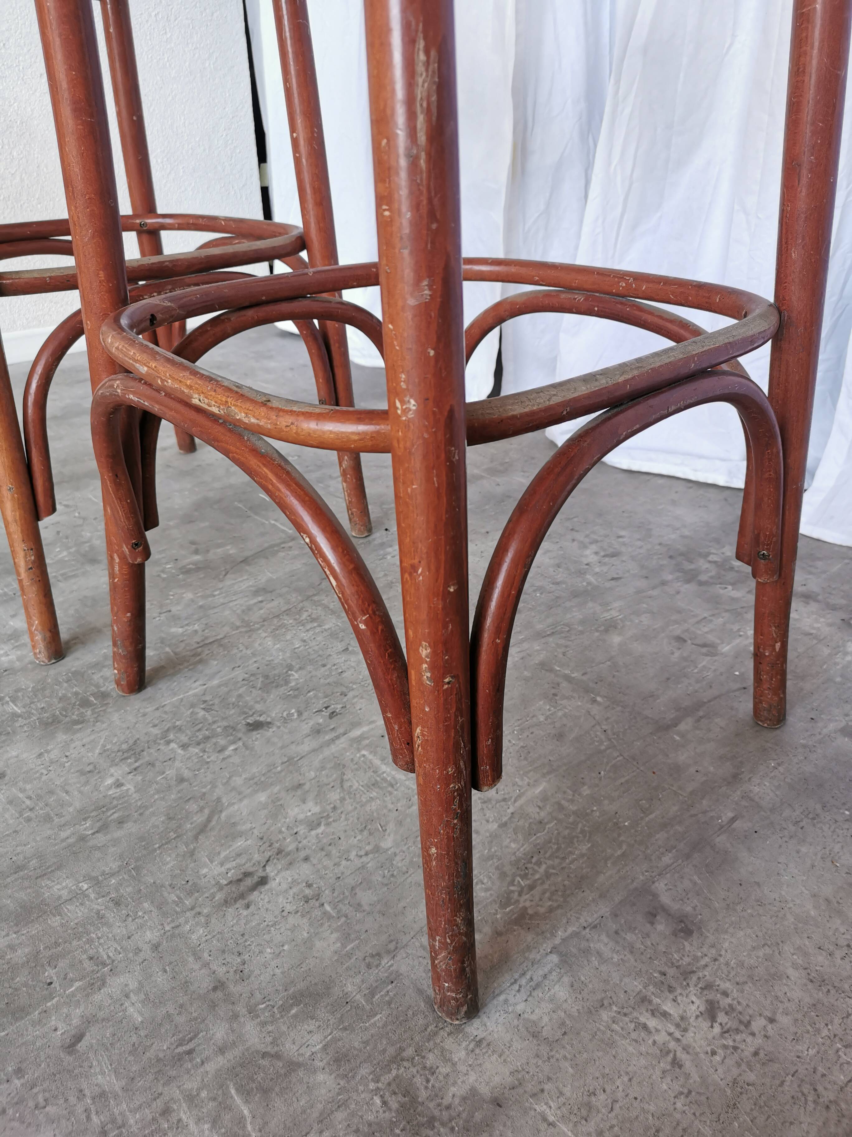 Mid-Century Thonet Style Bar Stools: Red Faux Leather Seat, Set of 2