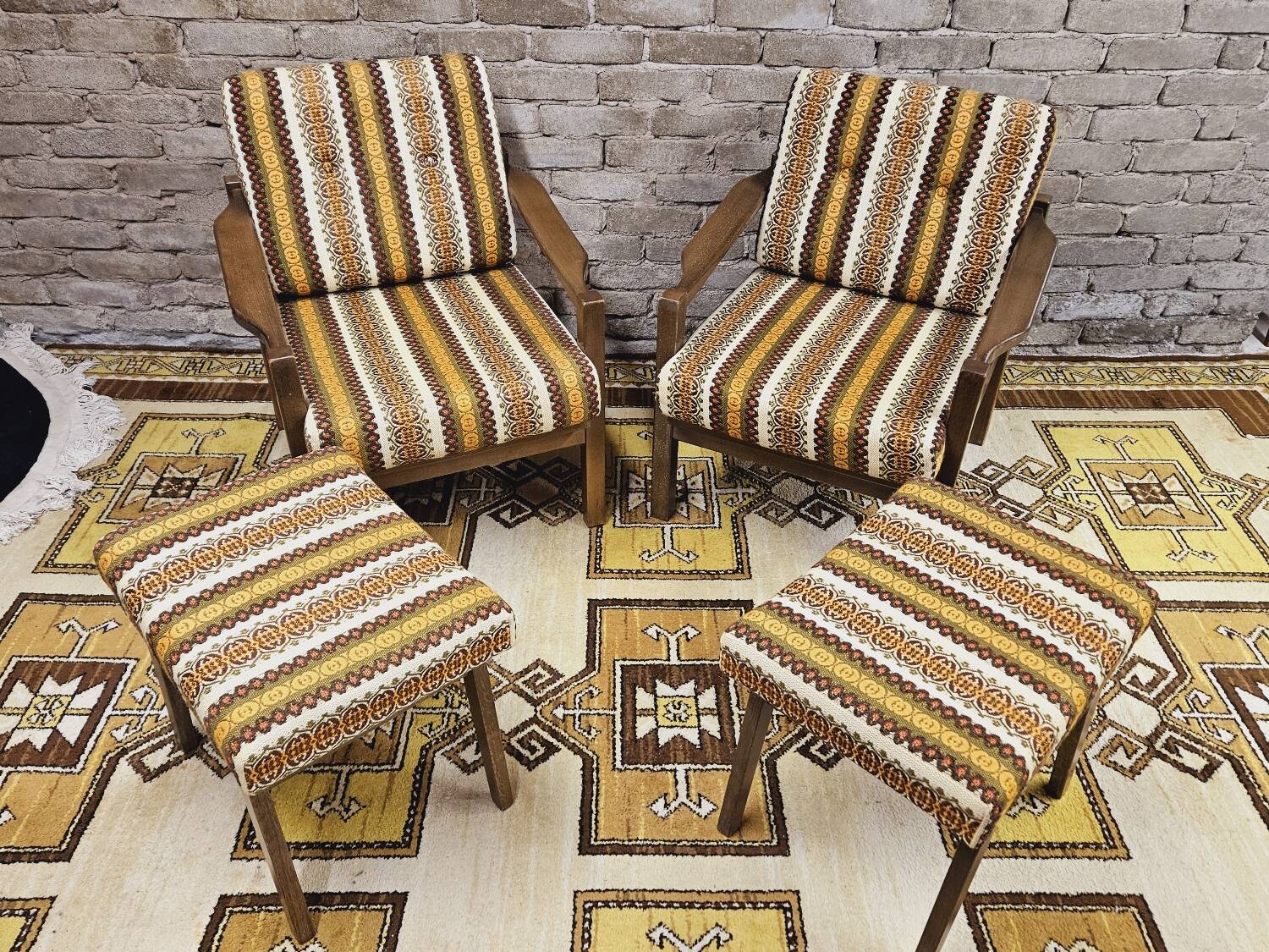 Pair of vintage Scandinavian armchairs with 2 Ottoman stools 1970