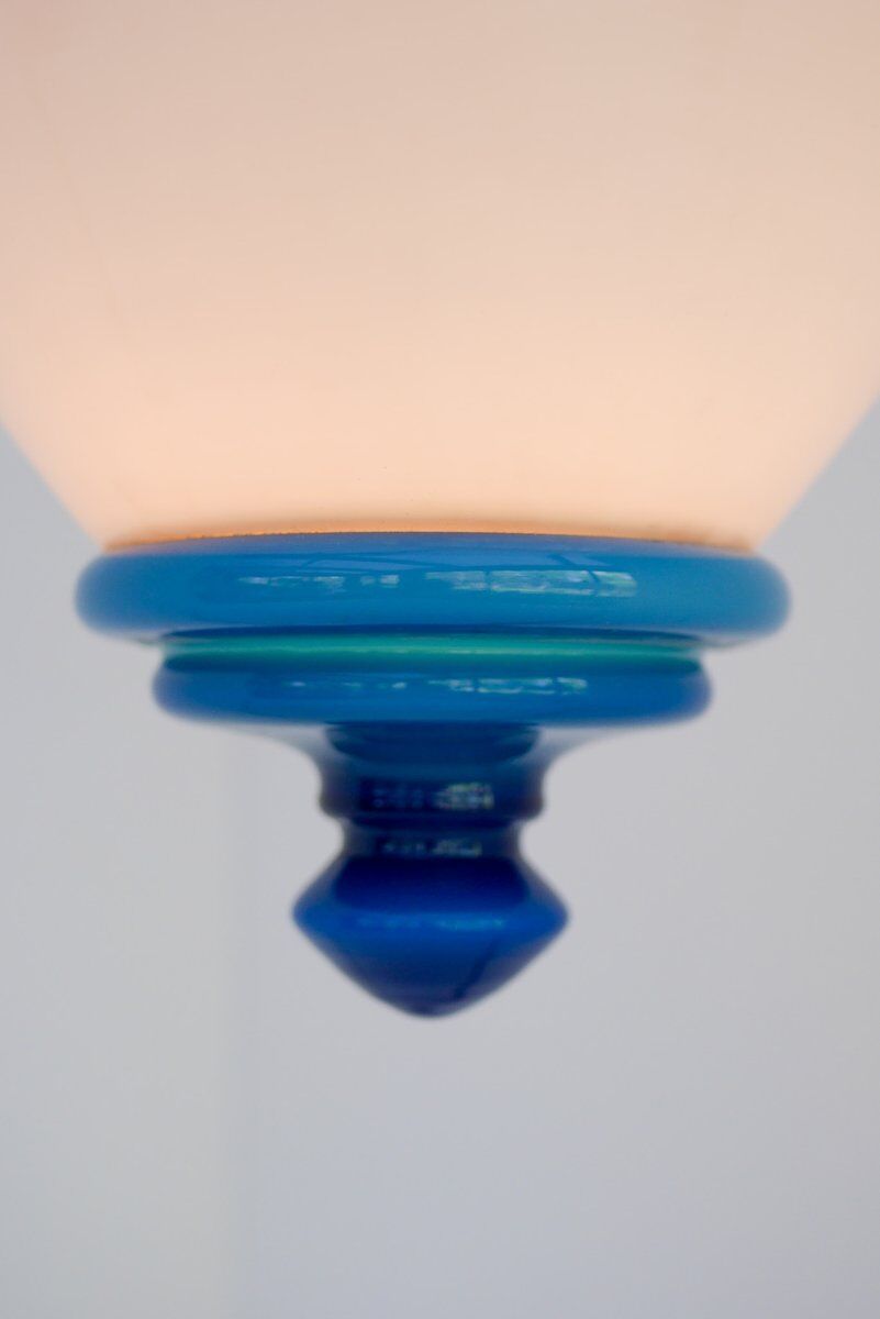 Scandinavian Art Deco milk glass pendant light with azure blue details, 1930s