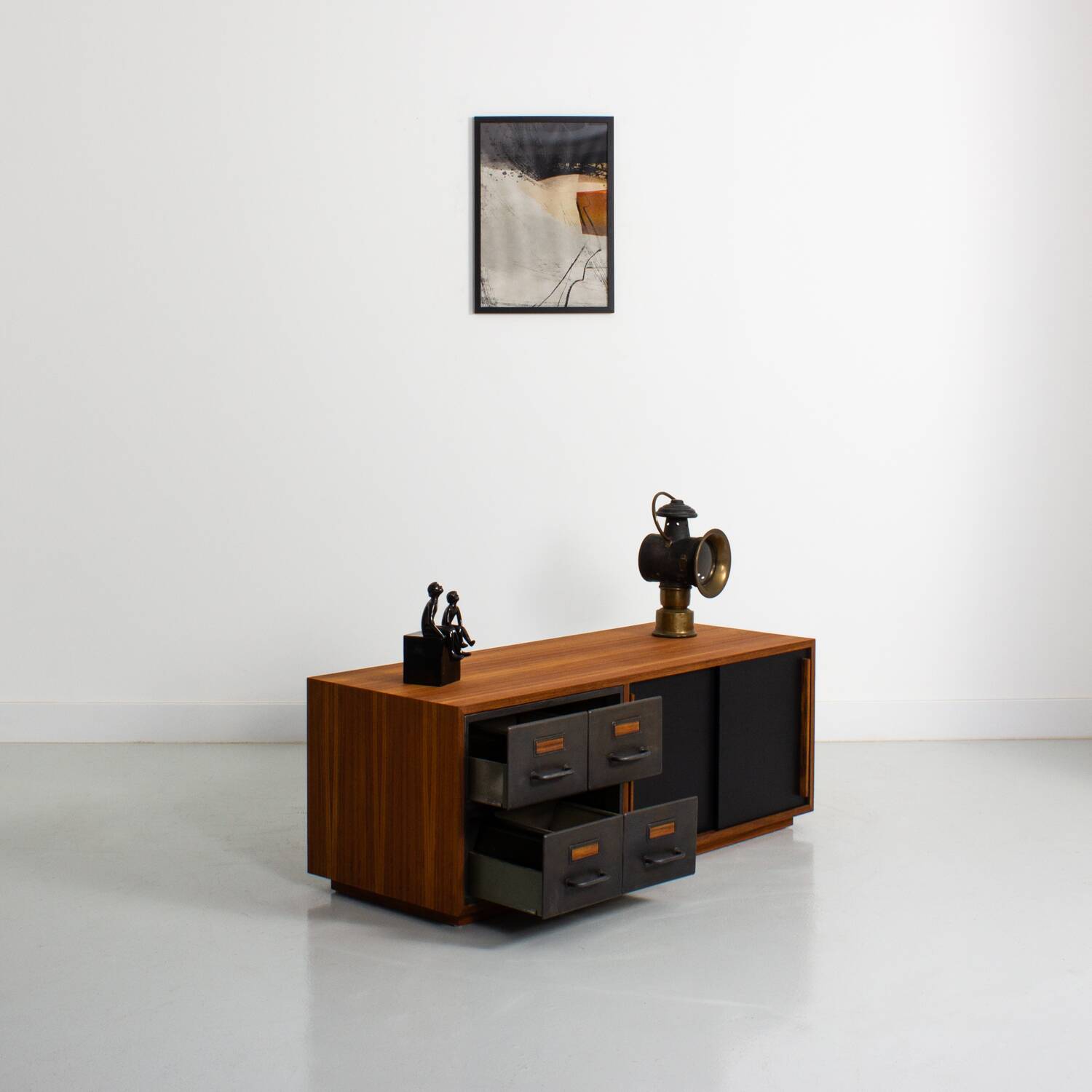 Teak sideboard with industrial metal drawers and 2 black sliding doors