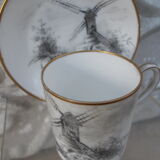 Cup and under cup decoration in grisaille Porcelain of Paris XIXth signed decoration mill