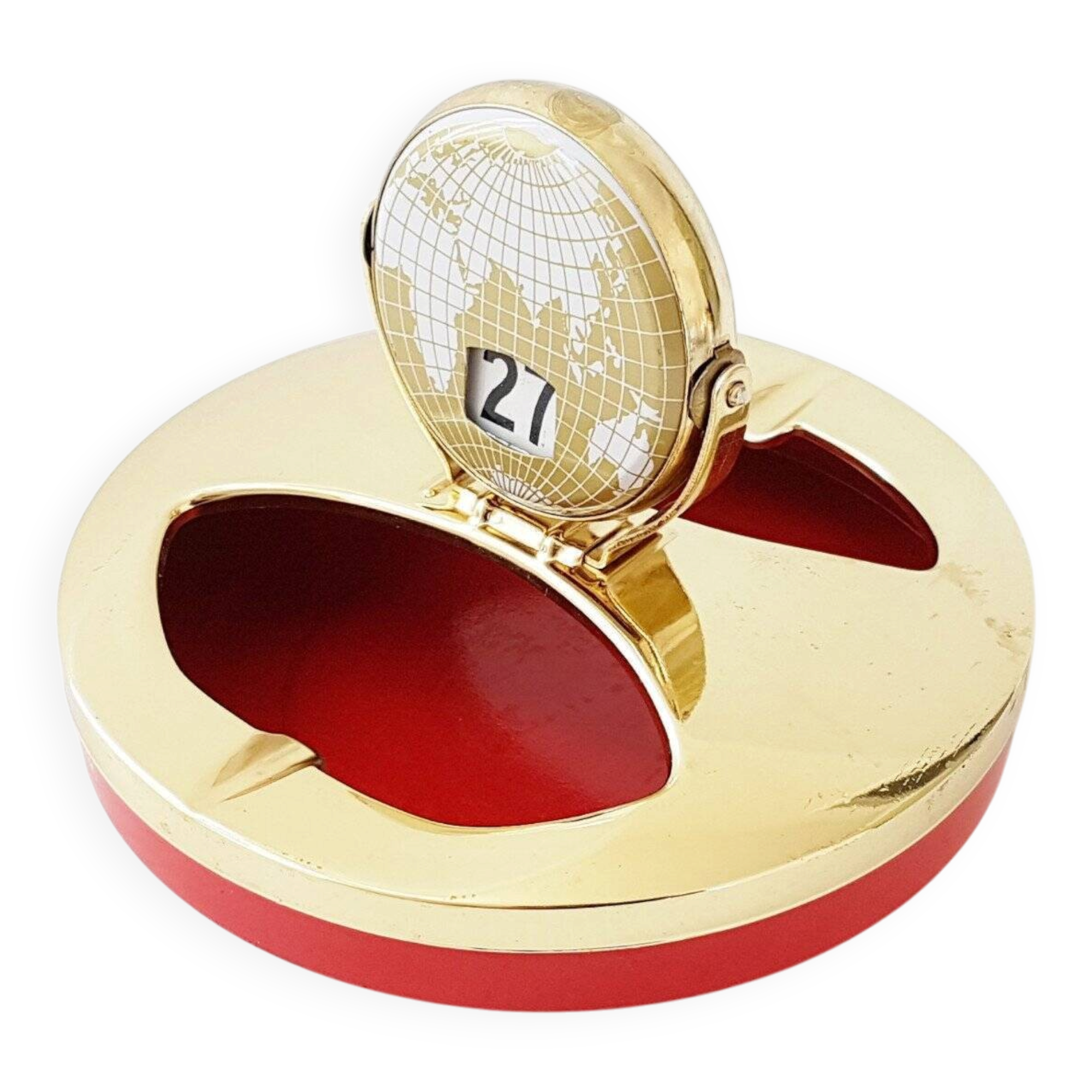 Vintage 1950s brass gold-plated globe perpetual calendar ashtray.