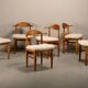 Henning Kjærnulf brutalist dining chairs set in Oak and Sheepskin, Denmark