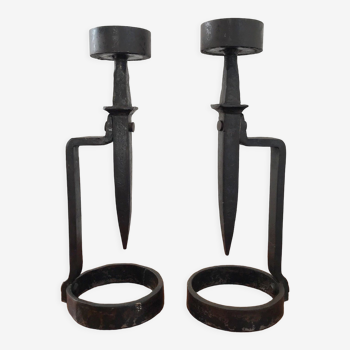 Wrought iron candlesticks brutalist art 70s