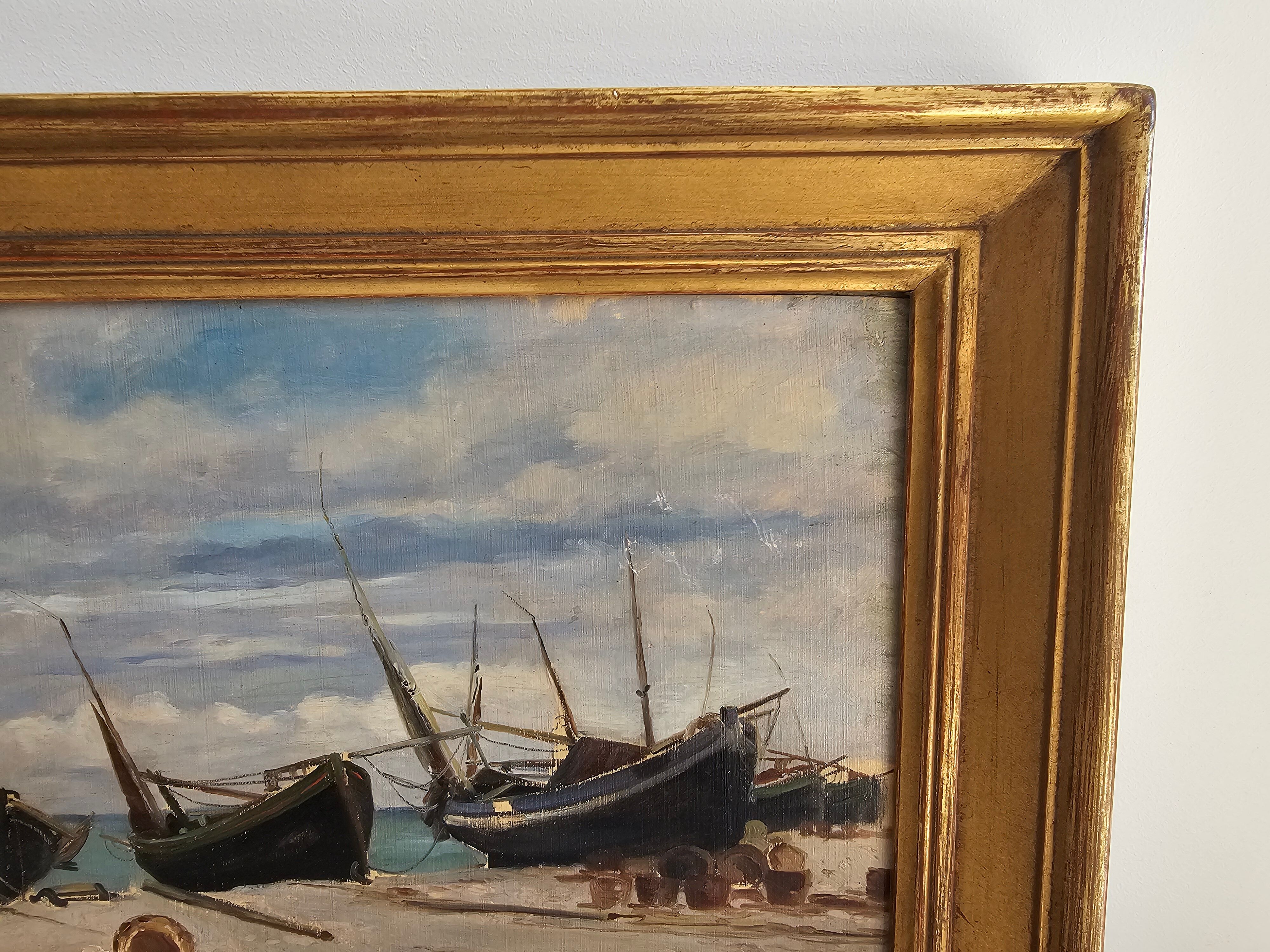 Oil on Panel - Marine Boats on Beach signed (to be identified)